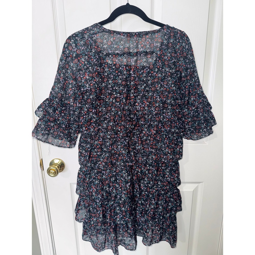 Sandro Paris Floral Ruffle Tiered Dress Size 1 US 2 Black Mini Boho Cottagecore